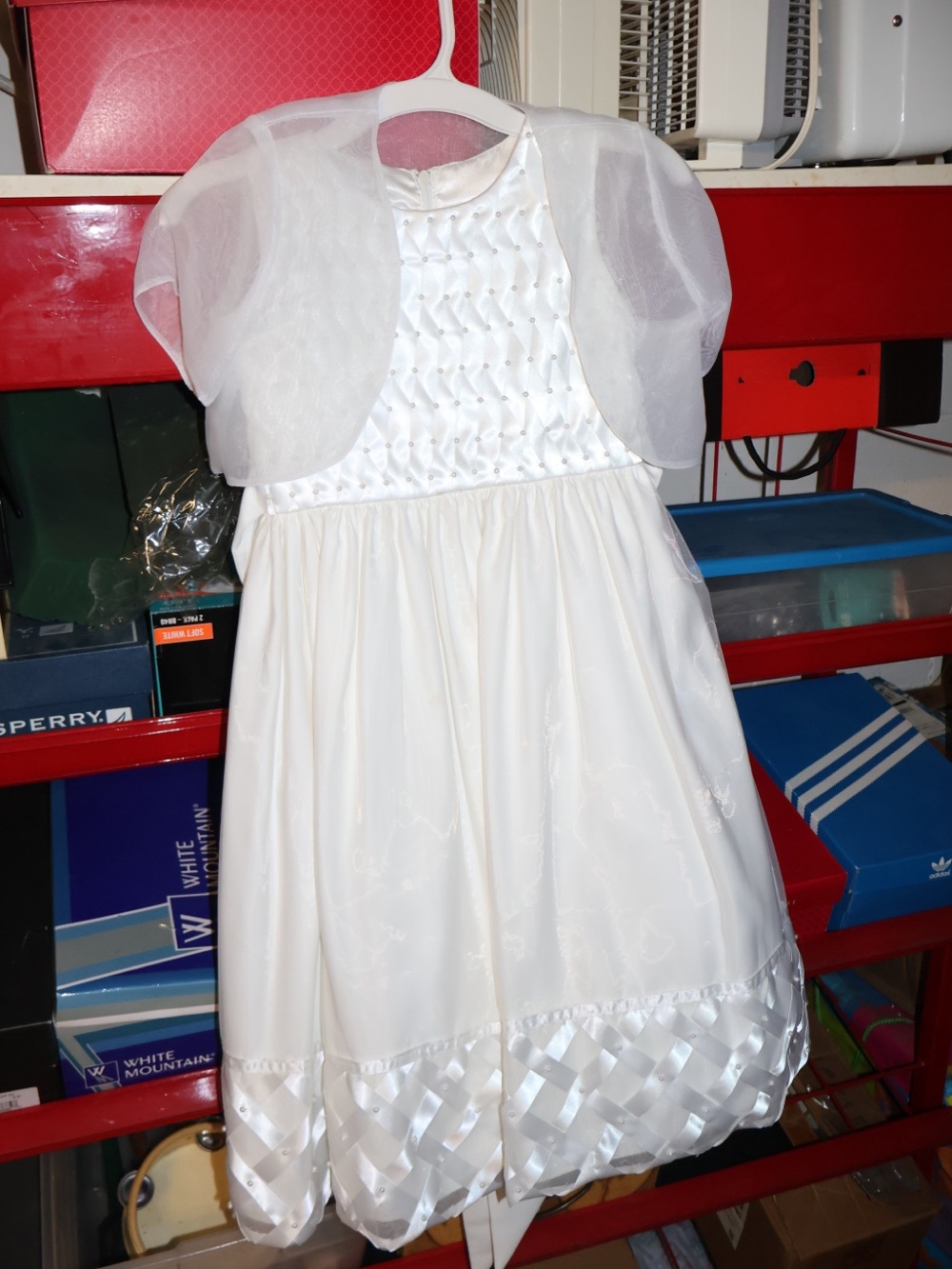 White Girls' Satin Ribbon Hem Party Dress with Bolero